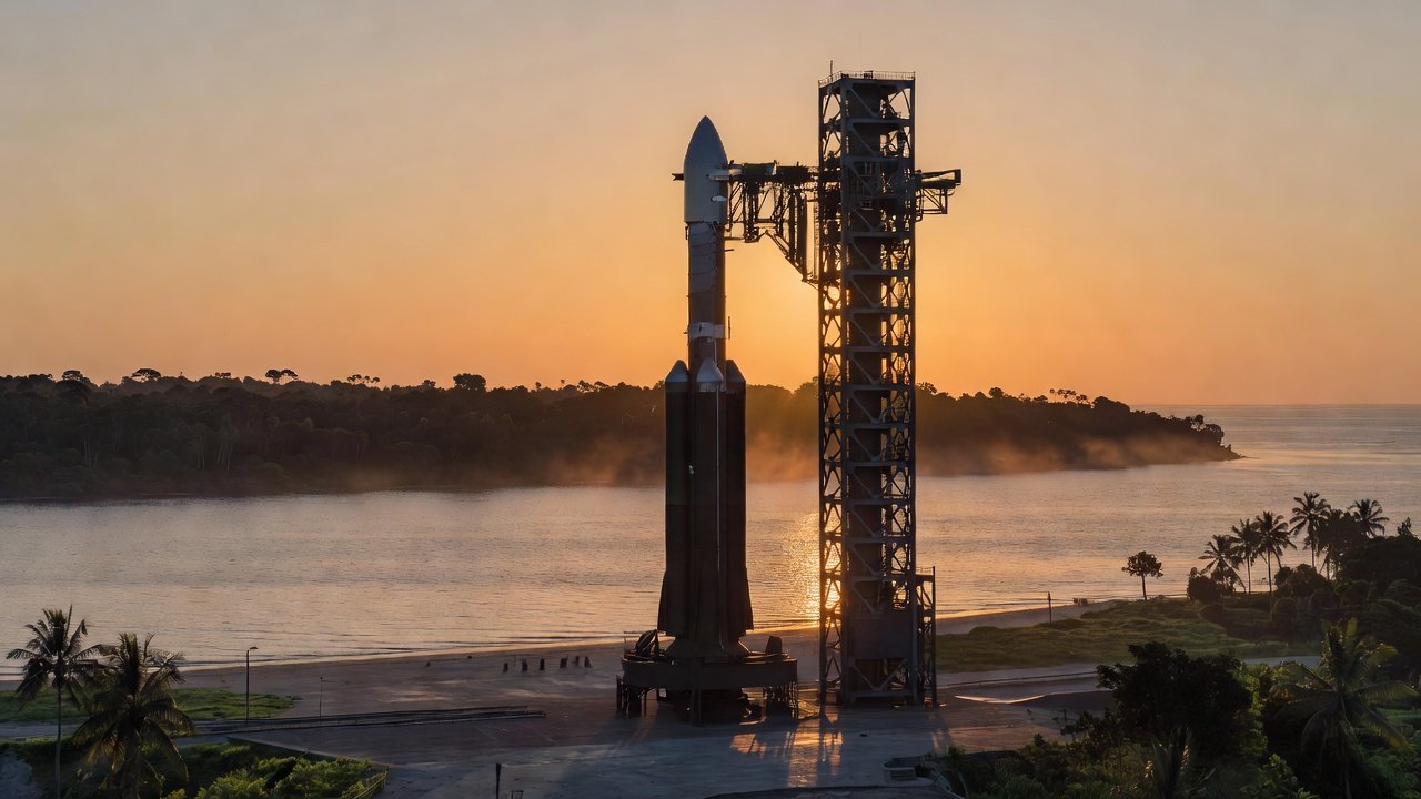 Generic heavy-lift rocket silhouette on a coastal tropical launch pad at dawn with a mobile gantry