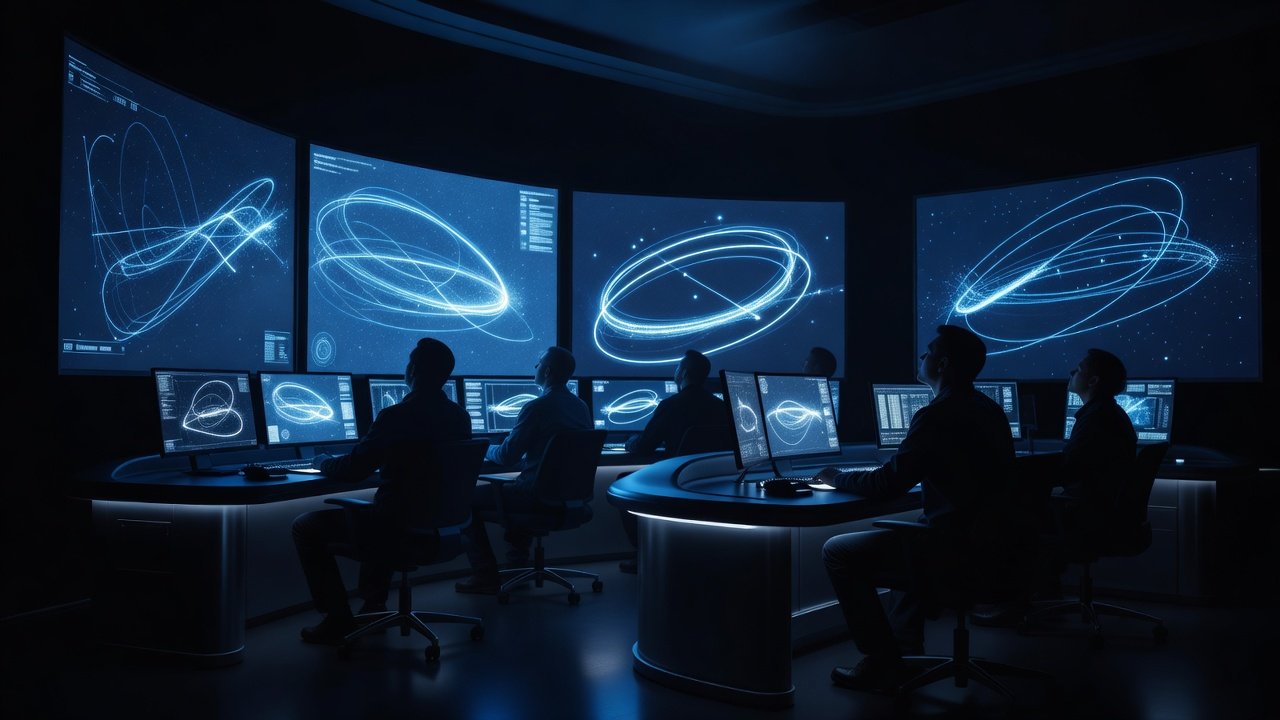 Generic mission control silhouette with engineers at workstations in a darkened operations room