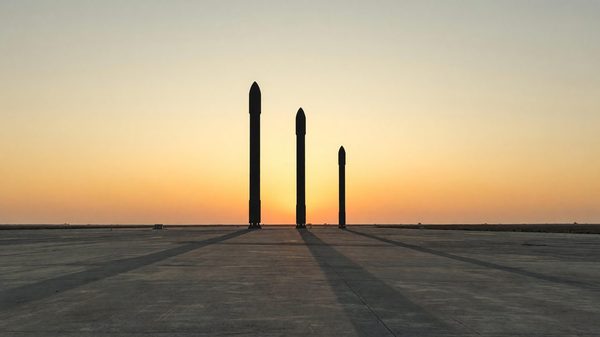 Multiple abstract rocket silhouettes lined up against a dawn sky, suggesting a fleet comparison