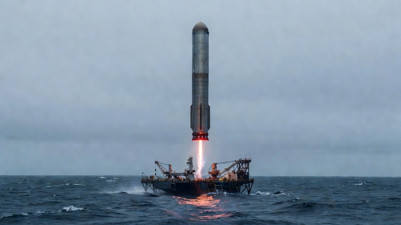 Rocket first stage booster descending toward a recovery vessel at sea under overcast skies