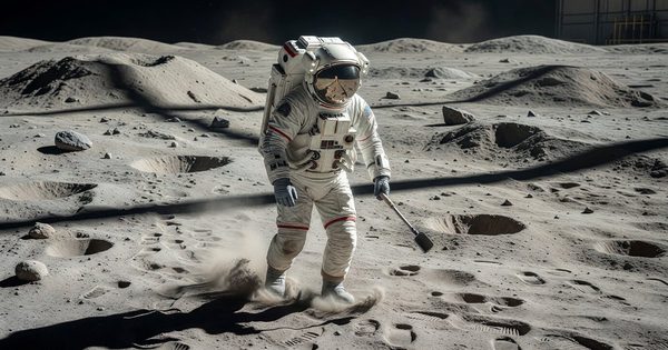 Astronaut in spacesuit with Moon surface in background during simulated EVA training