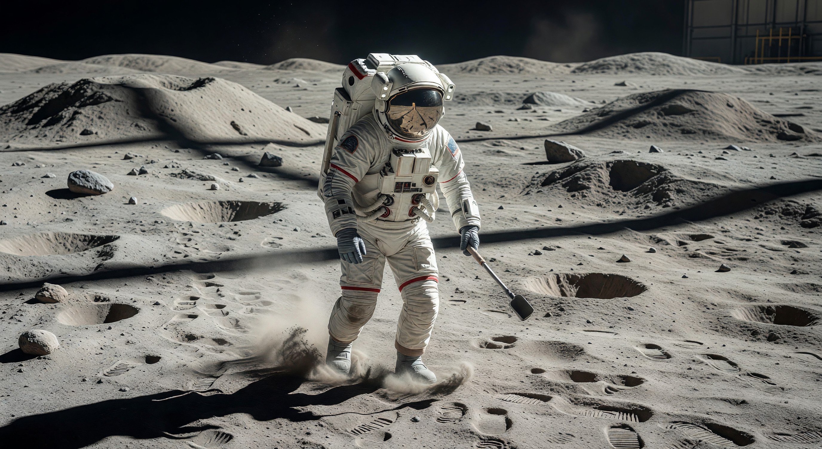 Astronaut in spacesuit with Moon surface in background during simulated EVA training