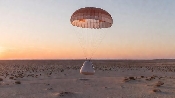 Gumdrop-shaped crew capsule beneath a parachute canopy descending over open desert terrain
